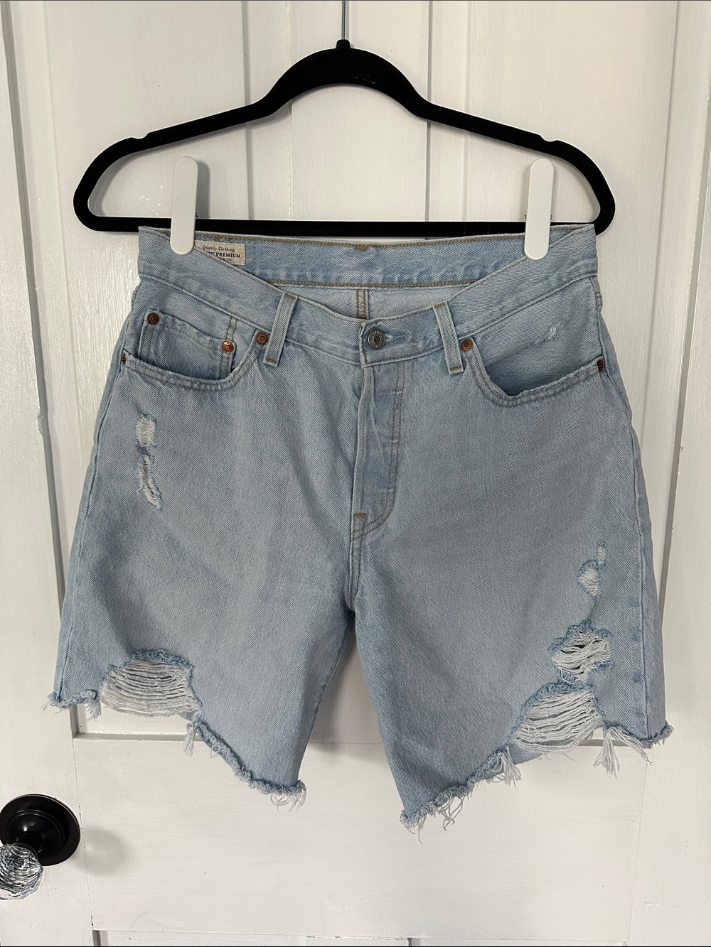 Levi’s 501 Premium High Rise Mid-Thigh Distressed Denim Shorts - Size 29